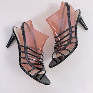 Via Spiga Black Patent Leather Strappy Cage Open-Toe Slingback‎ Sandal Pump Heel